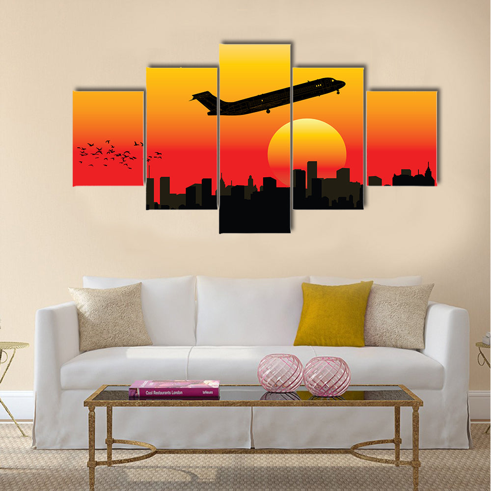 Passenger Jet Silhouette at Sunset Canvas Wall Art