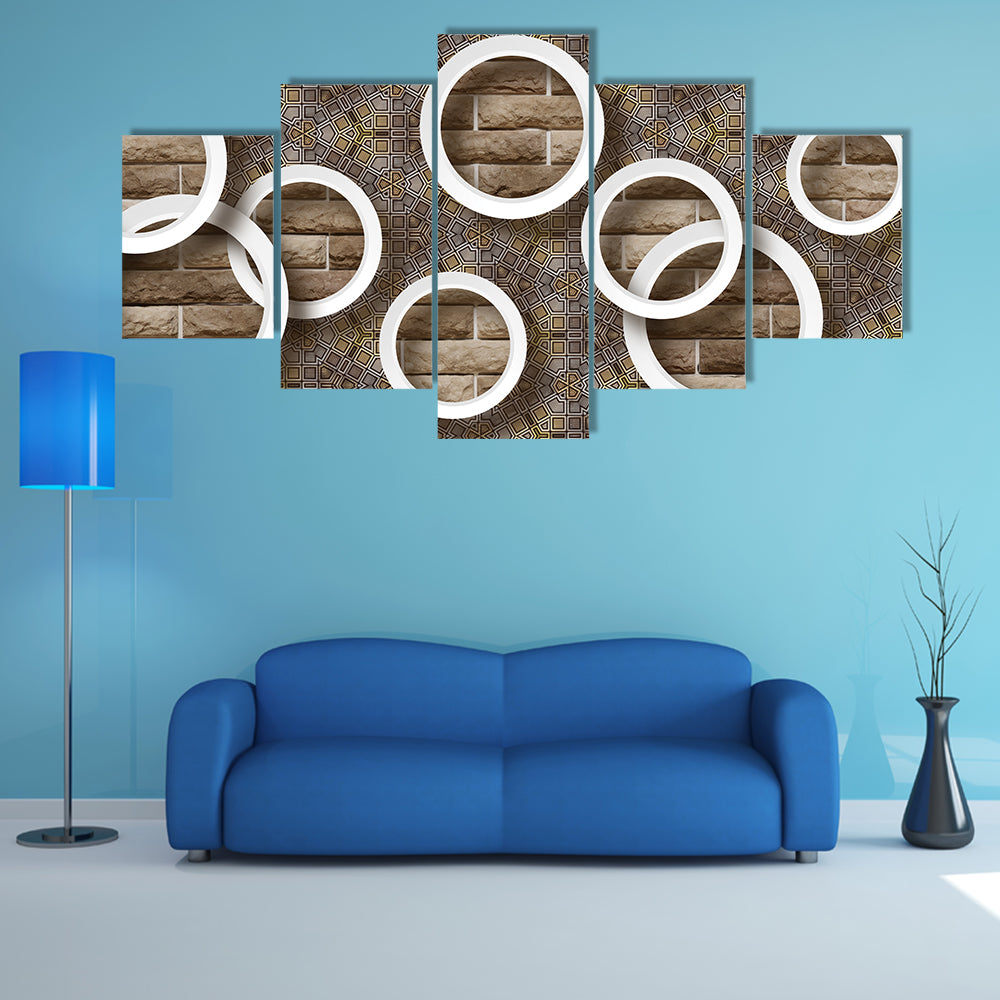 3d White Rings Over Brick Geometric Mural Canvas Wall Art