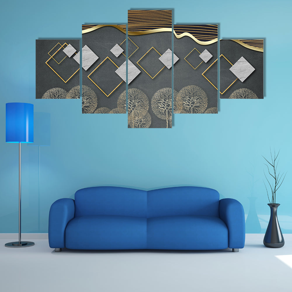Geometric Trees with Gold Wave and Marble Diamonds Canvas Wall Art