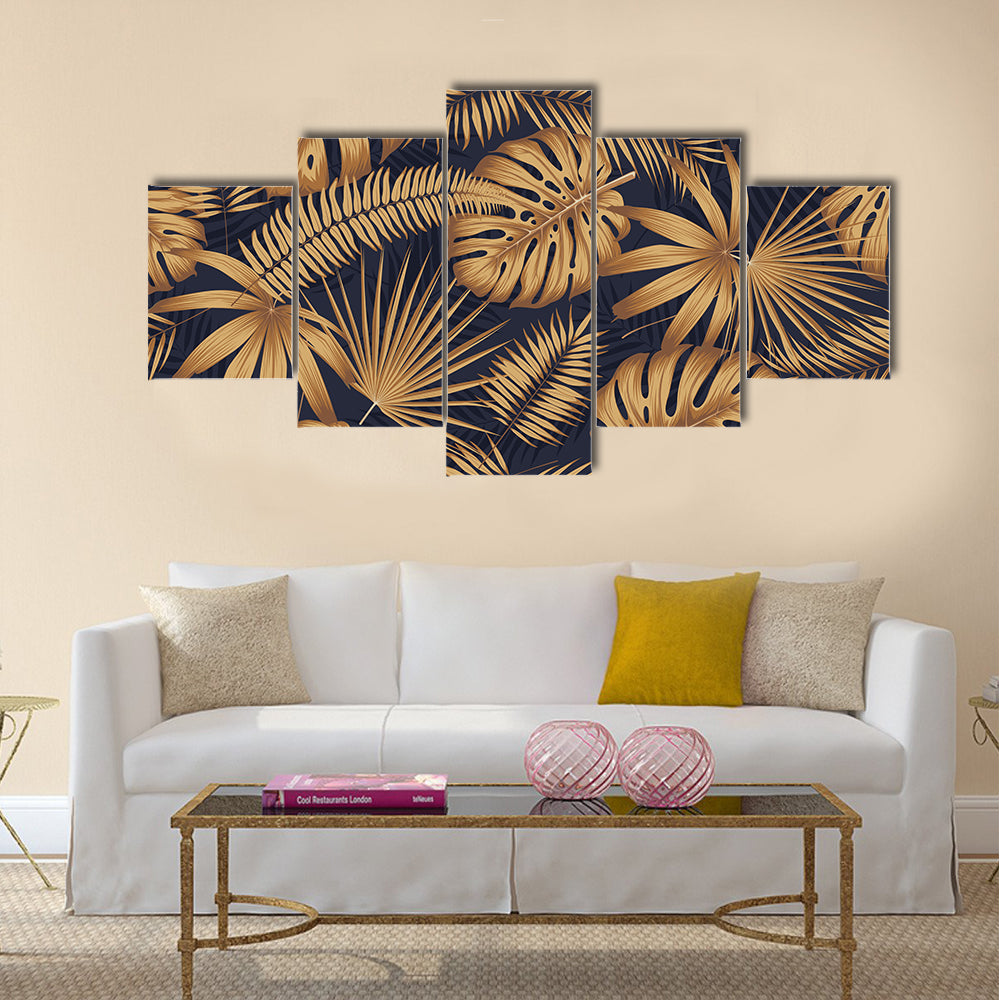 Golden Monstera and Palm Leaves Canvas Wall Art