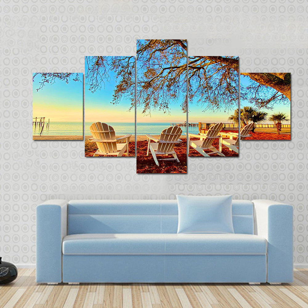 Four White Adirondack Chairs at Sunset Canvas Wall Art