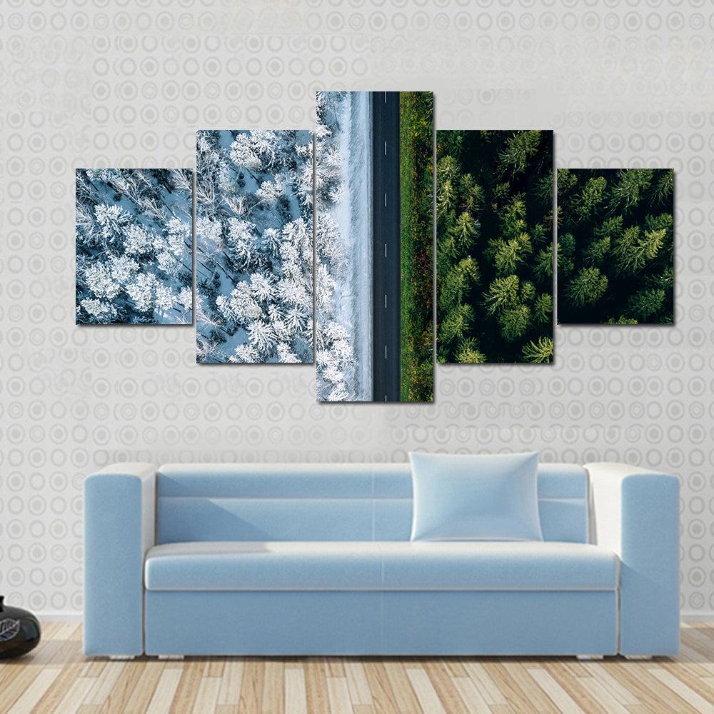 Highway Road Through Forest In Summer And Winter Canvas Wall Art
