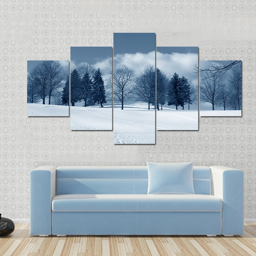 Snowy Field with Evergreens and Tracks Canvas Wall Art