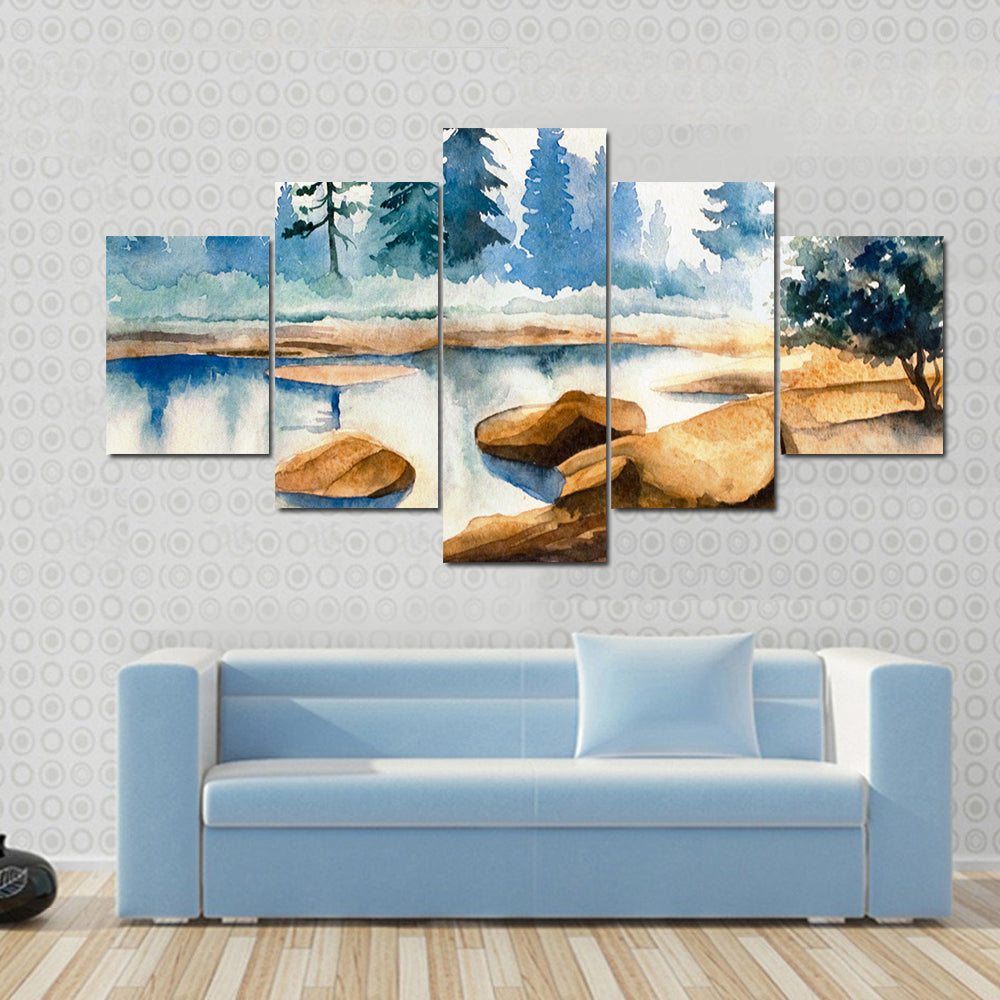 Watercolor Lake Landscape Canvas Wall Art