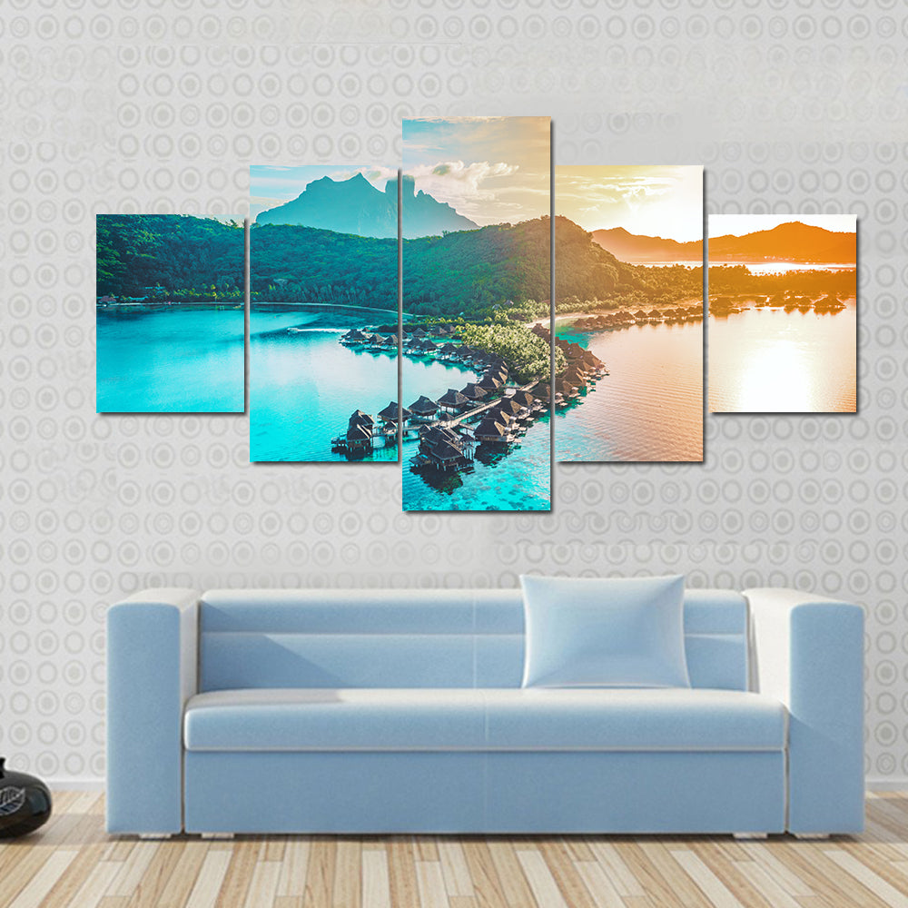 Bora Bora Overwater Bungalows at Sunset Canvas Wall Art