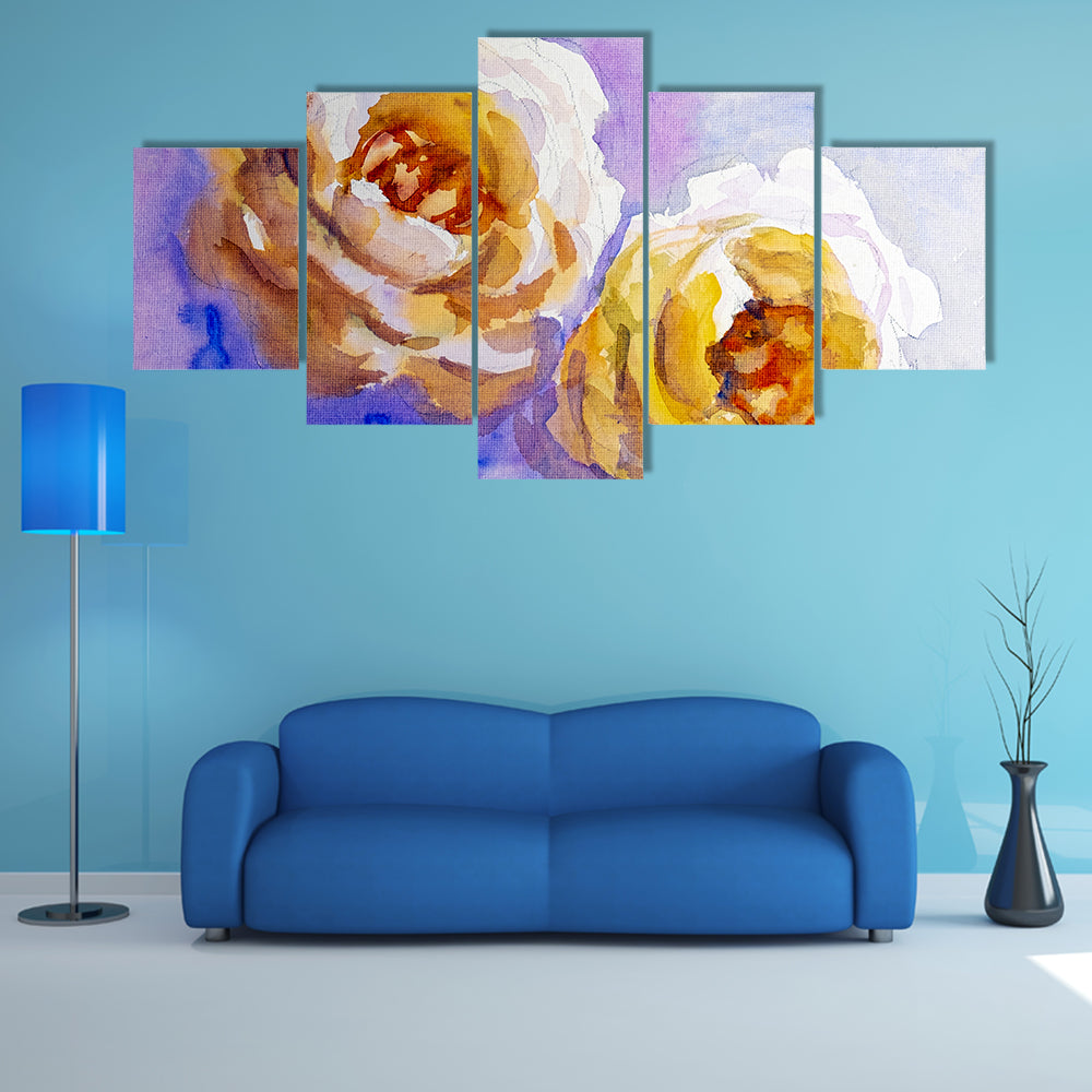 Two Yellow Roses Watercolor Painting Canvas Wall Art