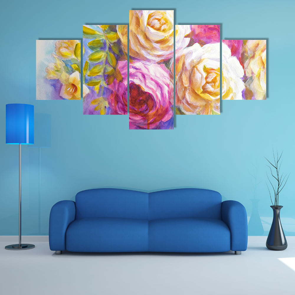 Sketch Of Peonies And Roses Bouquet Canvas Wall Art