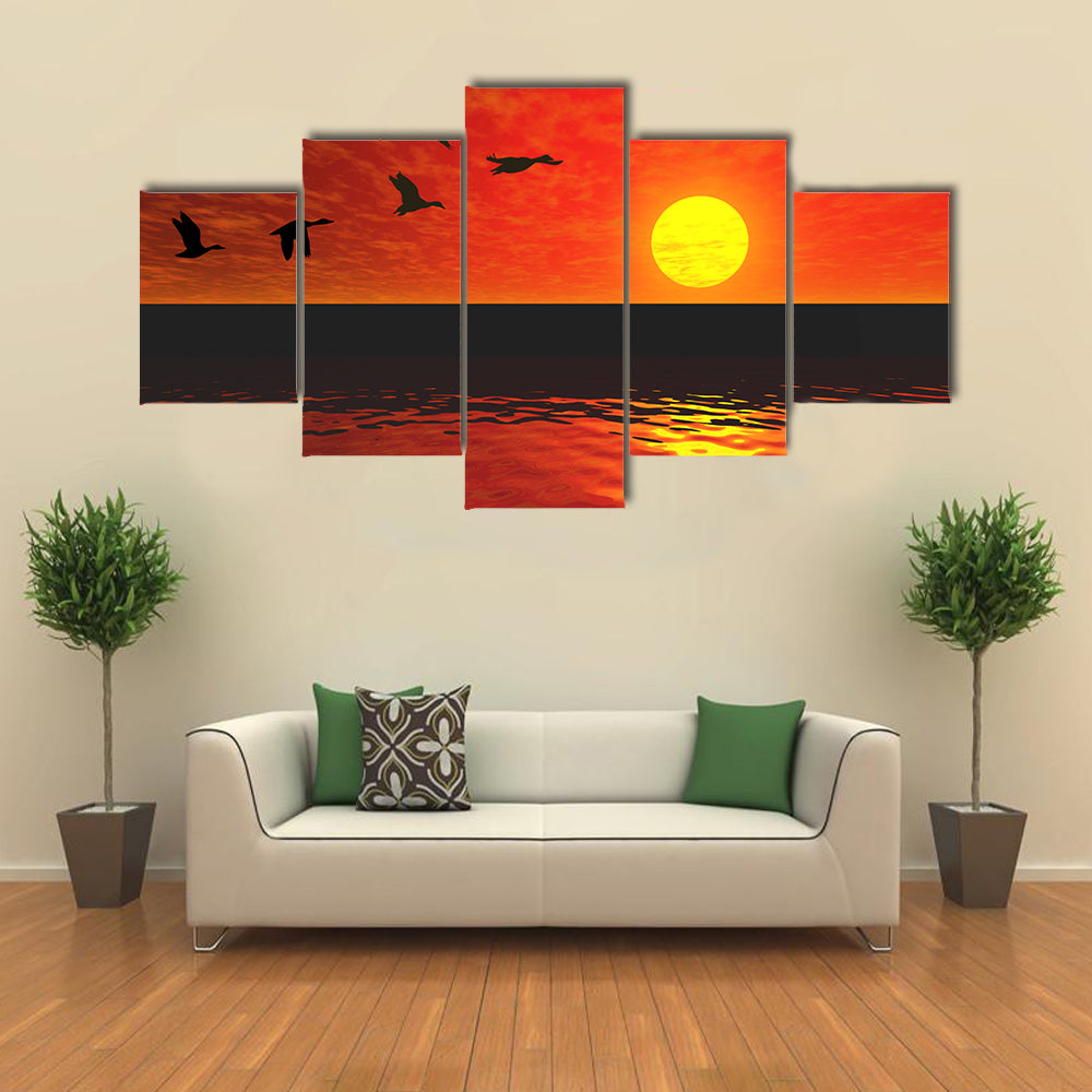 Flying Ducks At Sunset Canvas Wall Art