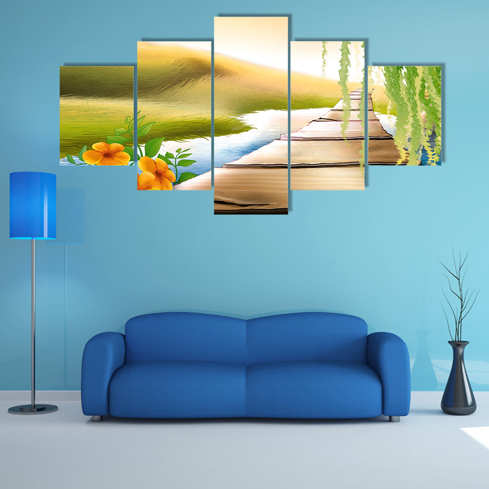 Wooden Footbridge Over Meadow Stream Canvas Wall Art