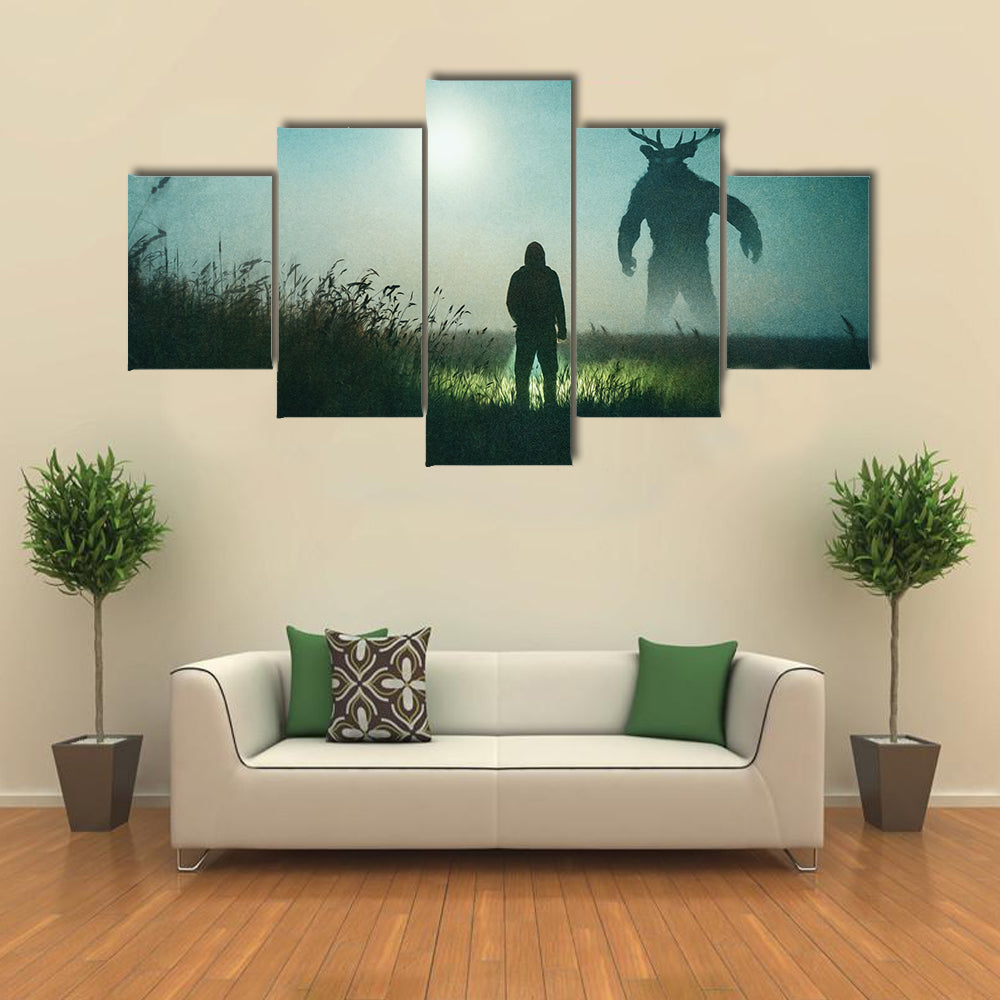 Alone Man Against Mysterious Monster Canvas Wall Art