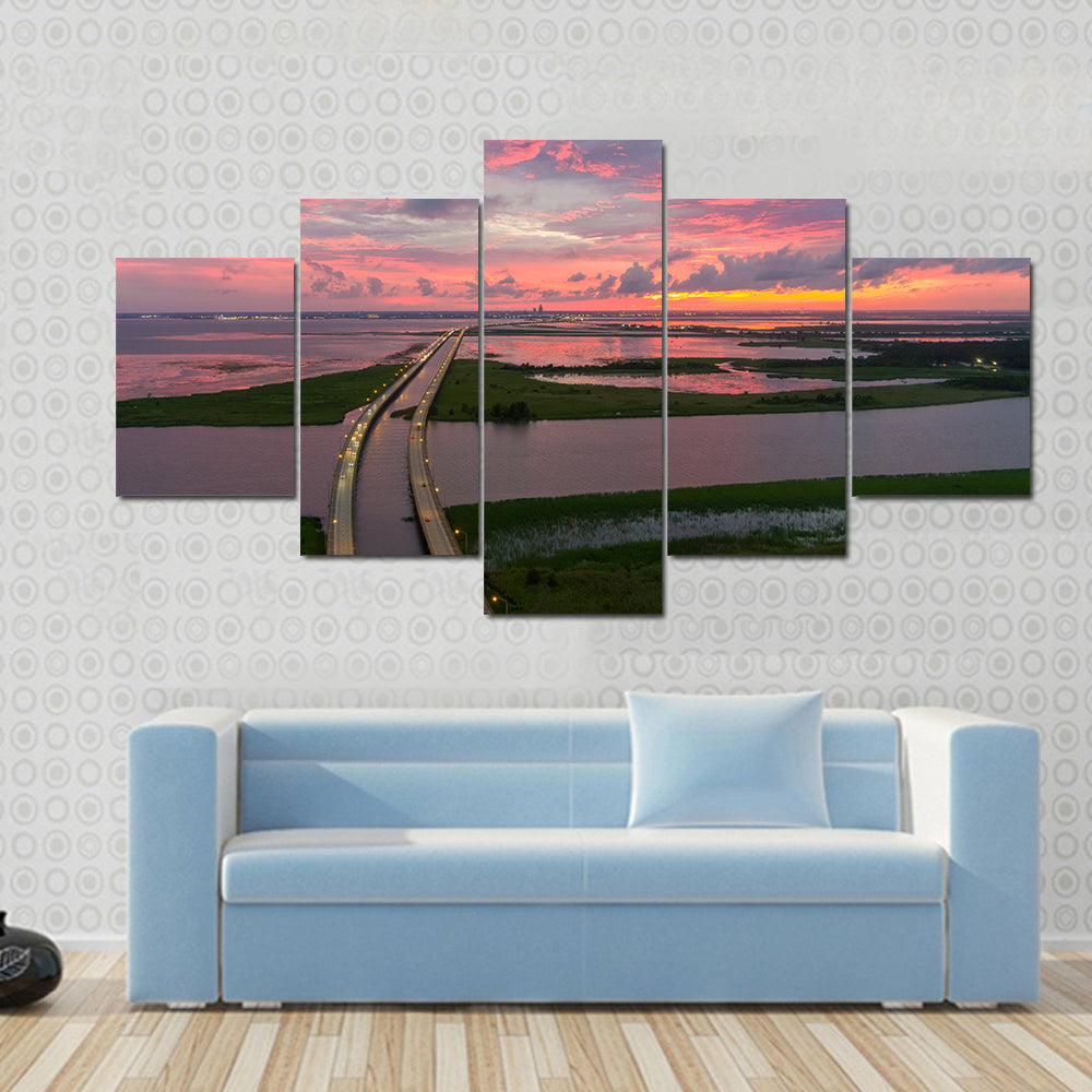 Sunset Over Coastal Bridge Canvas Wall Art