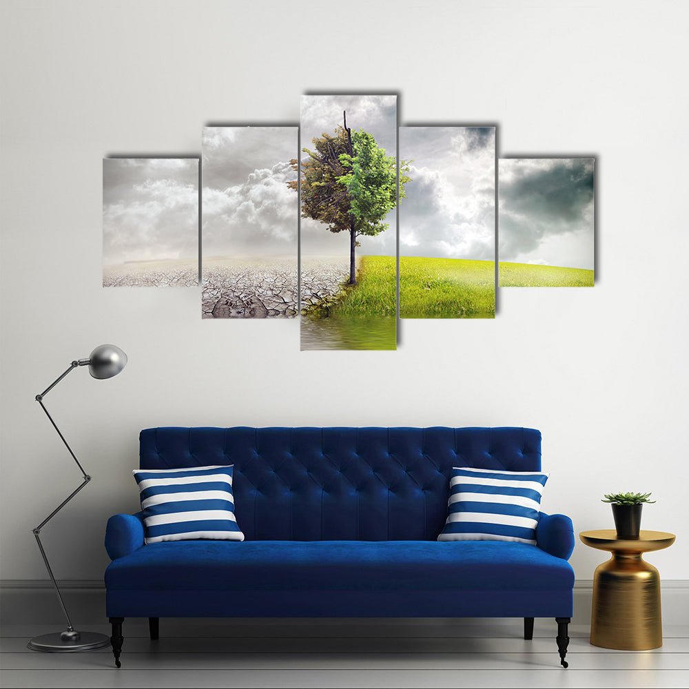 Ecology Landscape With Tree &amp; River Canvas Wall Art