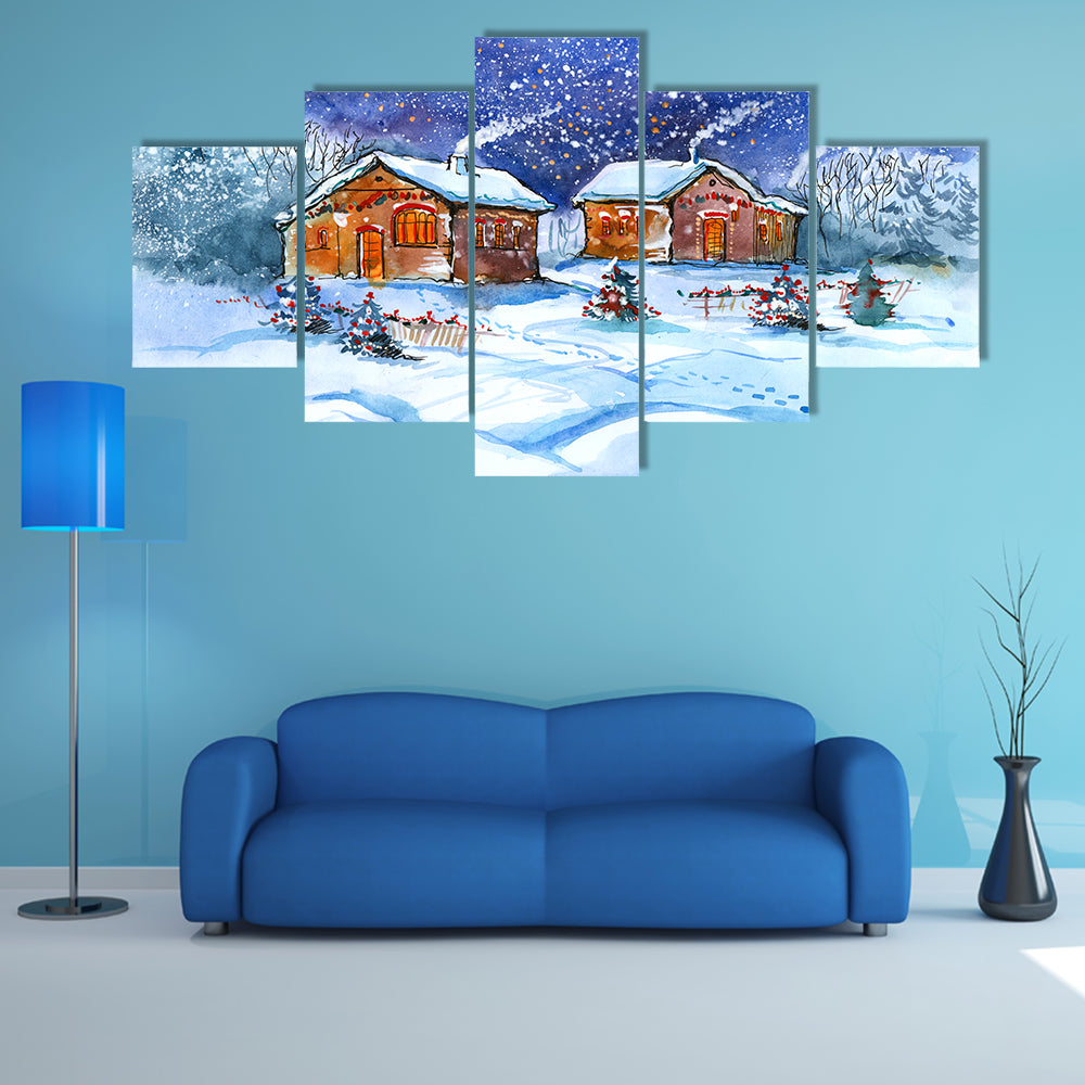 Two Winter Cottages Under Starry Night Canvas Wall Art