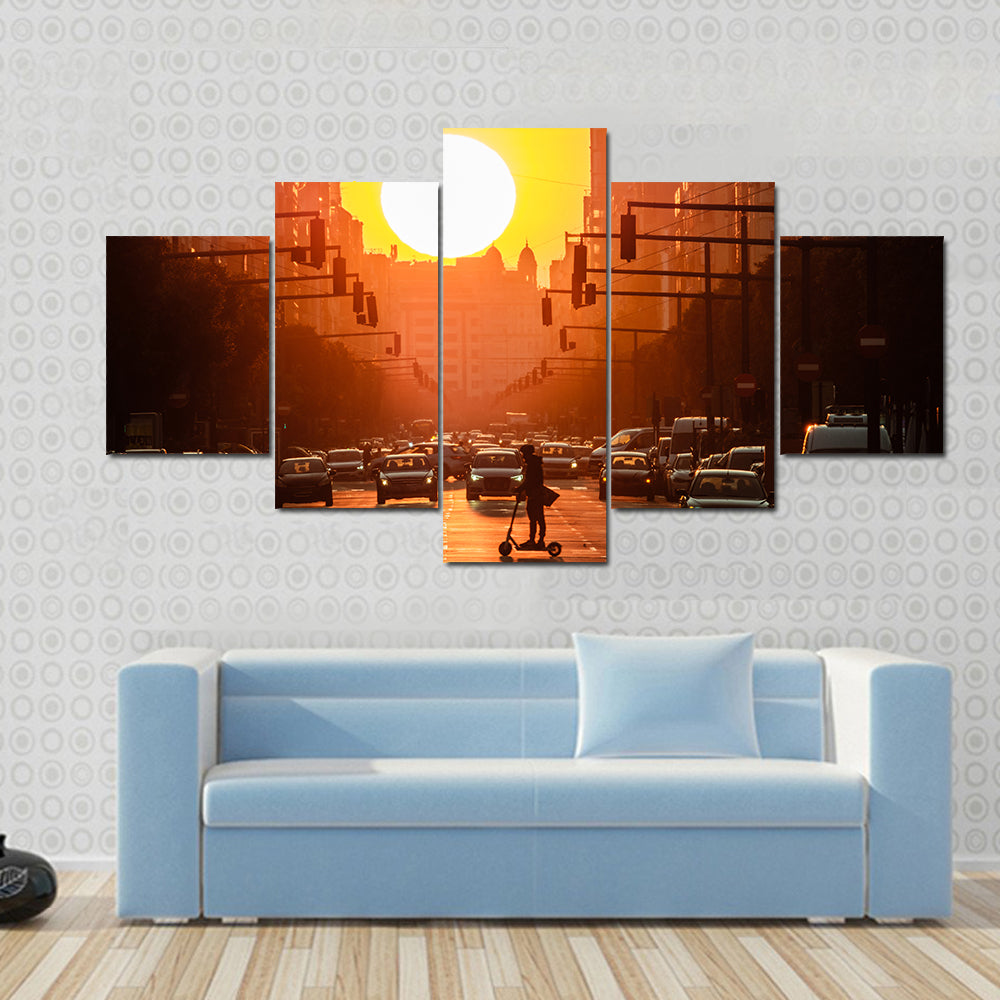 Sunset City Street with Scooter Canvas Wall Art