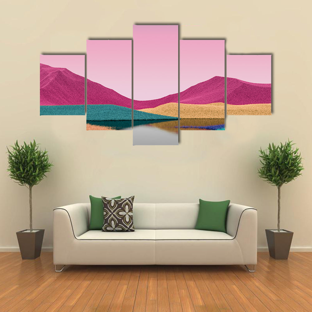Surreal Pink Mountains with Reflective Lake Canvas Wall Art