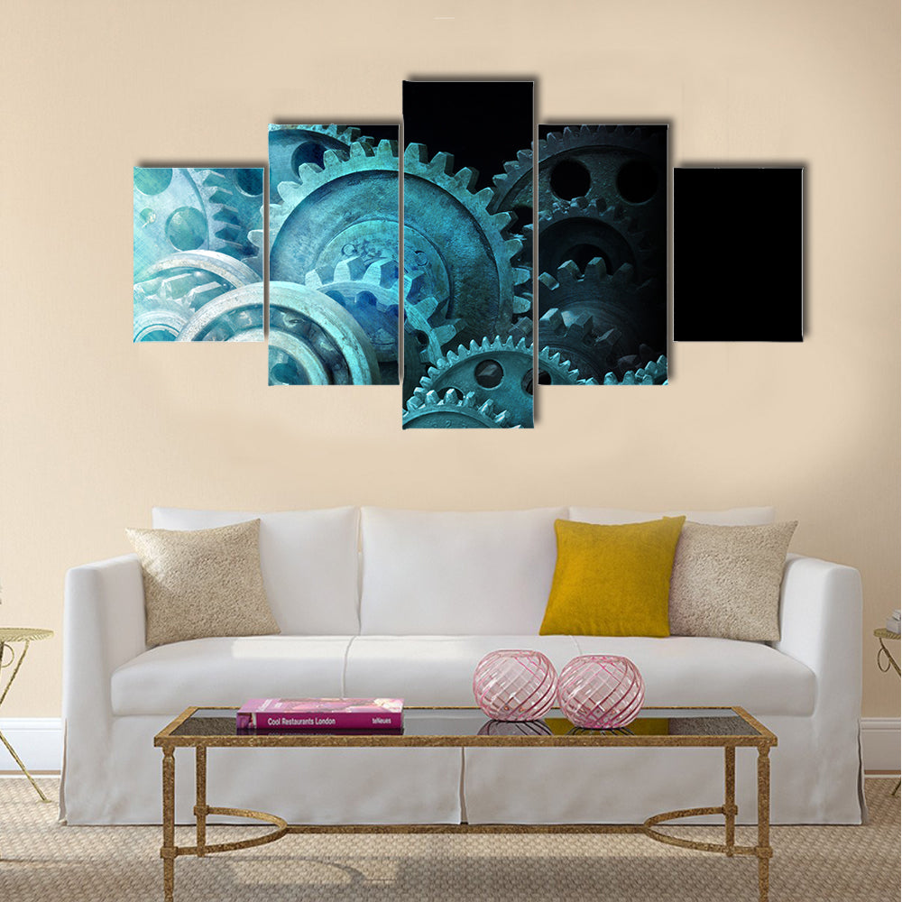 Industrial Cogs Gears Canvas Wall Art in black, gray and blue, framed print, product view on a white background