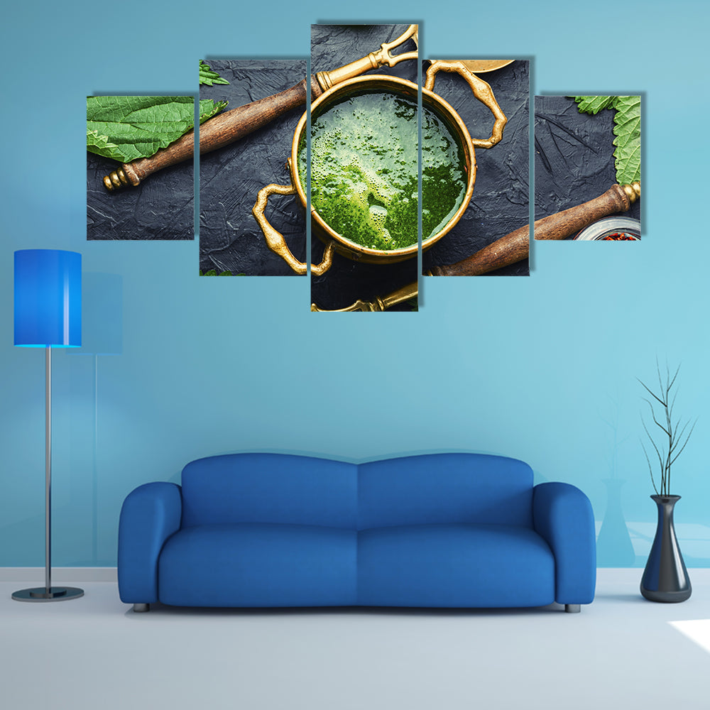 Green Nettle Soup in Brass Pot Canvas Wall Art