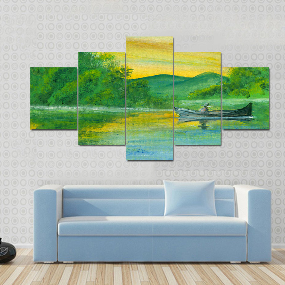 Watercolor Lake with Rowboat at Sunrise Canvas Wall Art