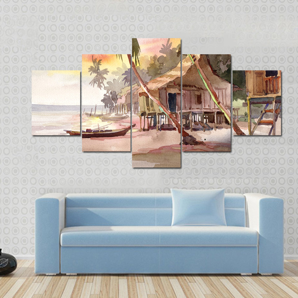 Watercolor Stilt Houses at Sunset Canvas Wall Art