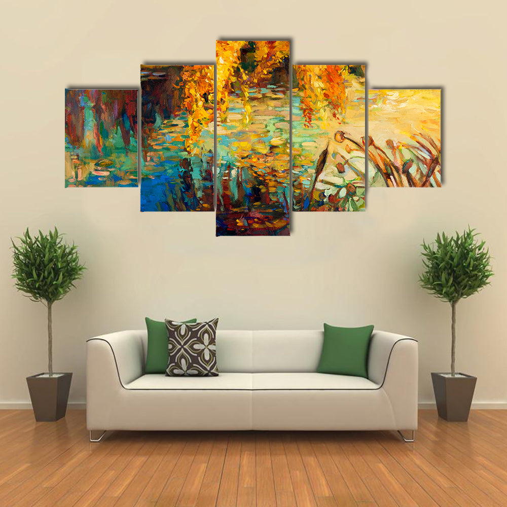 Golden Willow Over Autumn Lake Canvas Wall Art