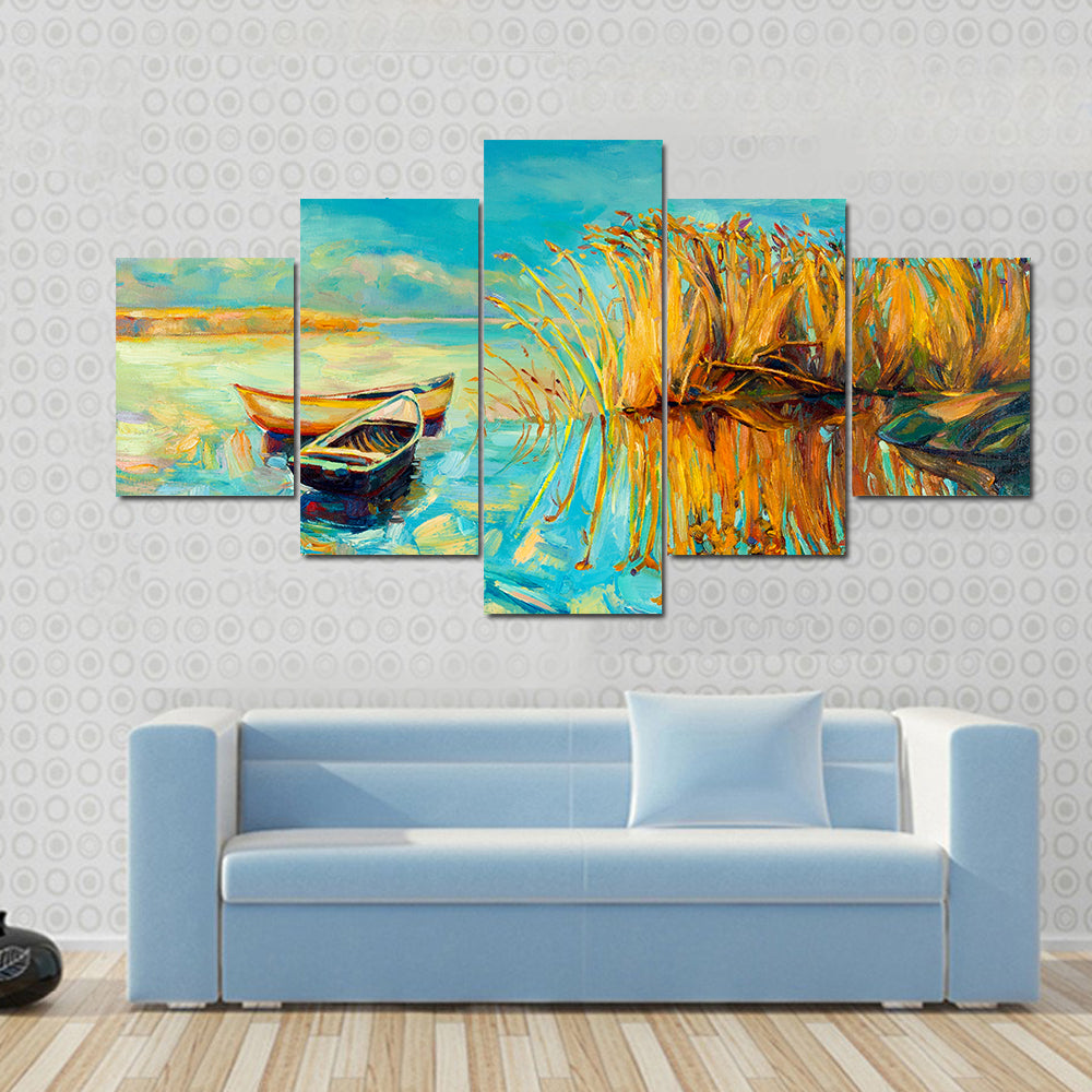 Two Rowboats at Golden Reeds Canvas Wall Art