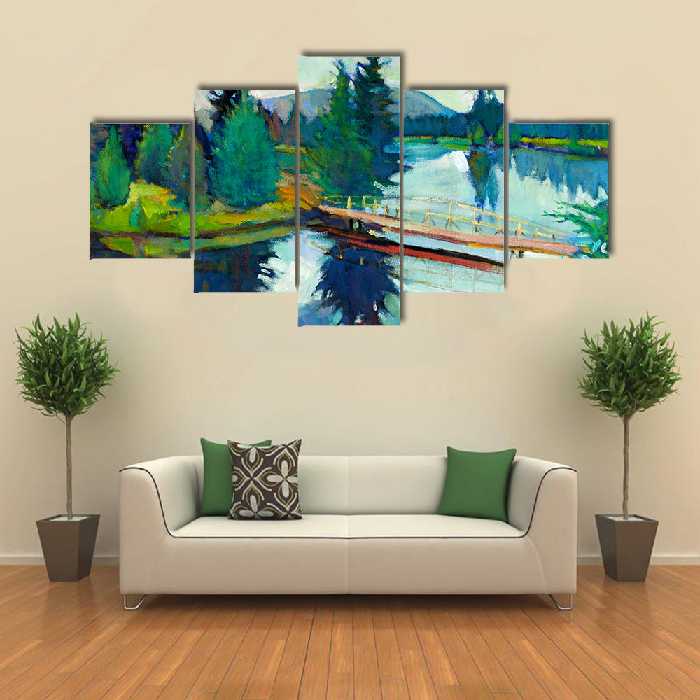 Wooden Bridge Over Reflective River Canvas Wall Art
