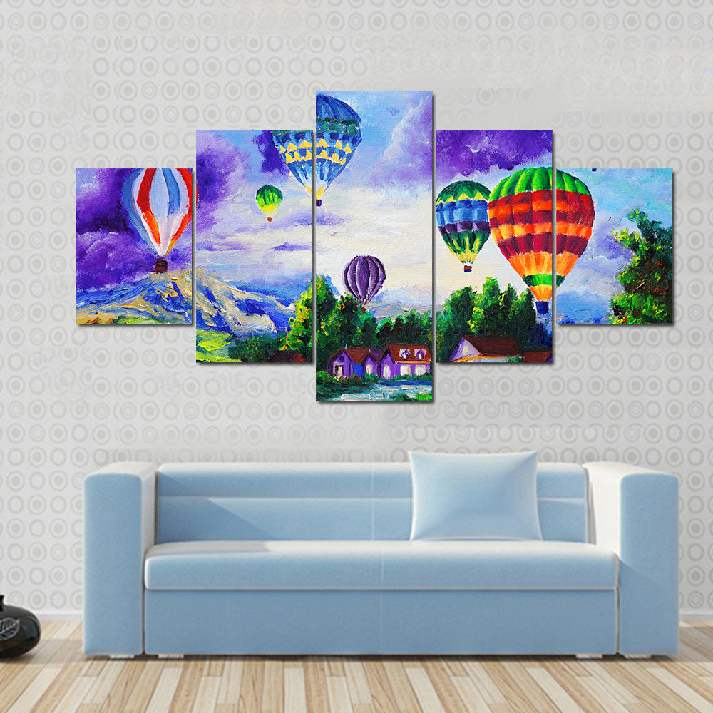 Hot Air Balloons Over River Village Canvas Wall Art