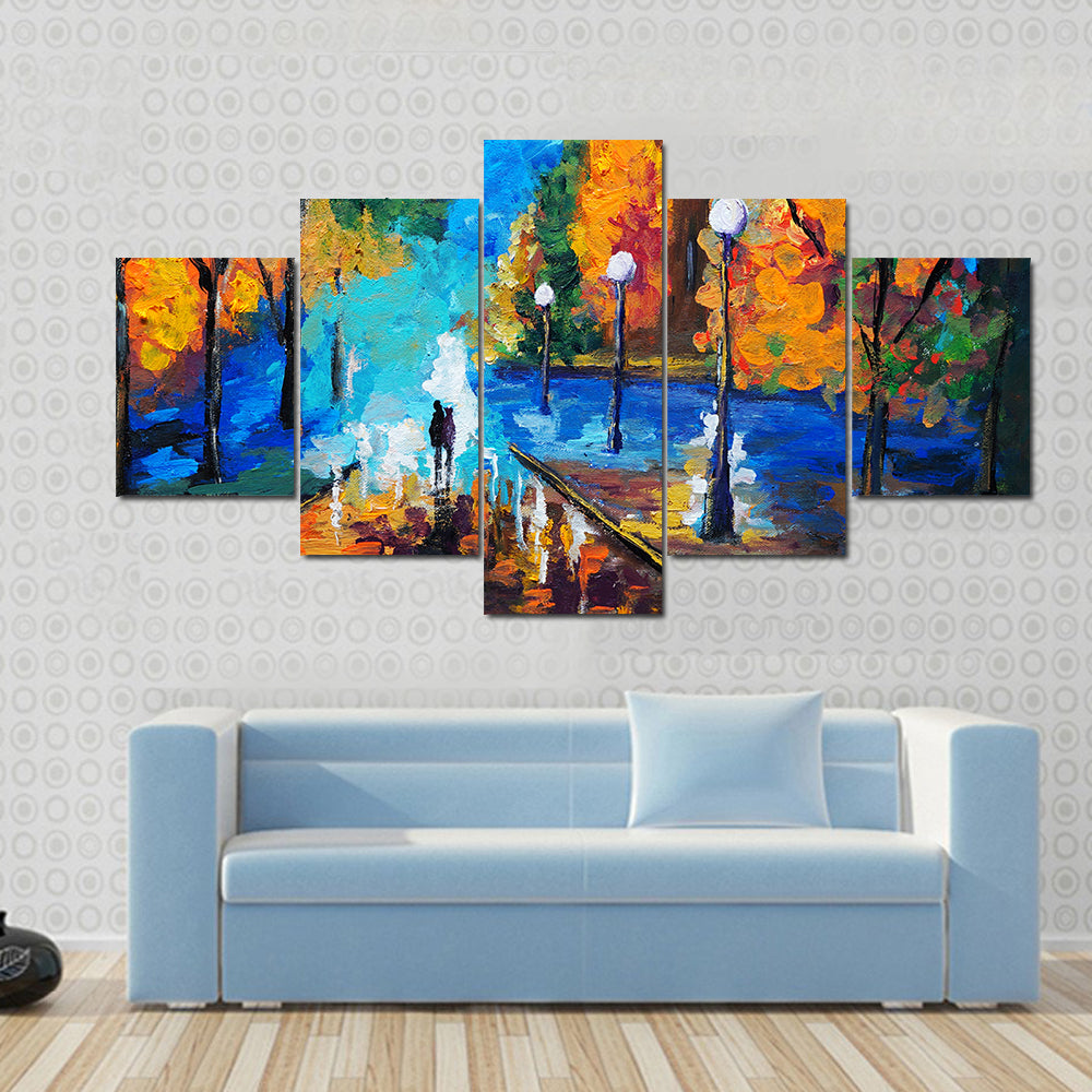 Autumn Couple Under Glowing Streetlights Canvas Wall Art