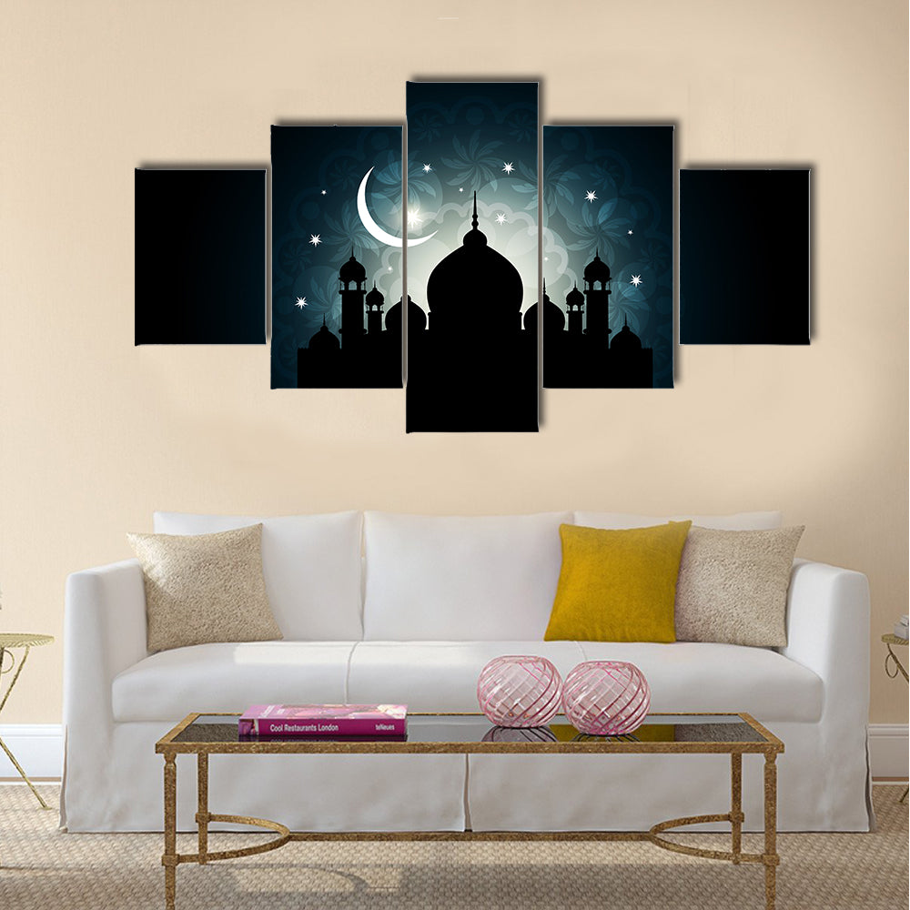 Mosque Silhouette with Crescent Moon and Mandala Canvas Wall Art