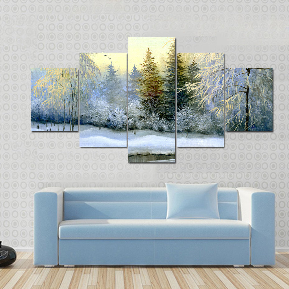 Snow-covered Forest and Frozen River Canvas Wall Art