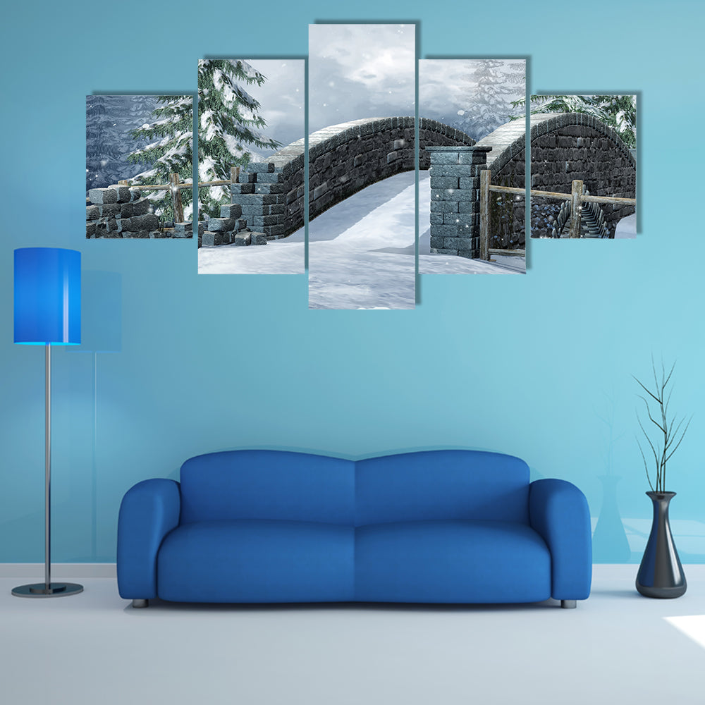 Stone Bridge On A Winter Meadow Canvas Wall Art