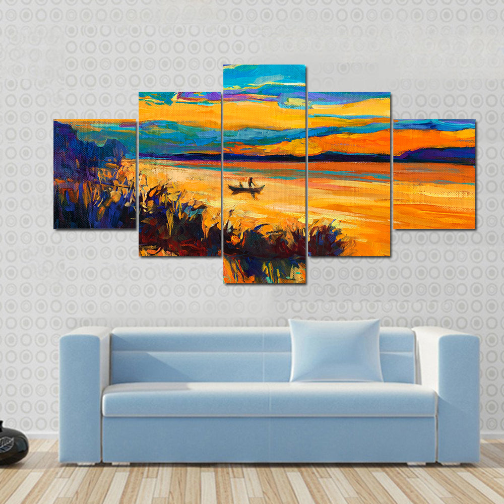 Rowboat on Lake at Sunset Canvas Wall Art