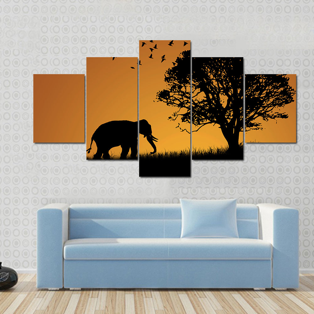 African Elephants In The Sunset Canvas Wall Art
