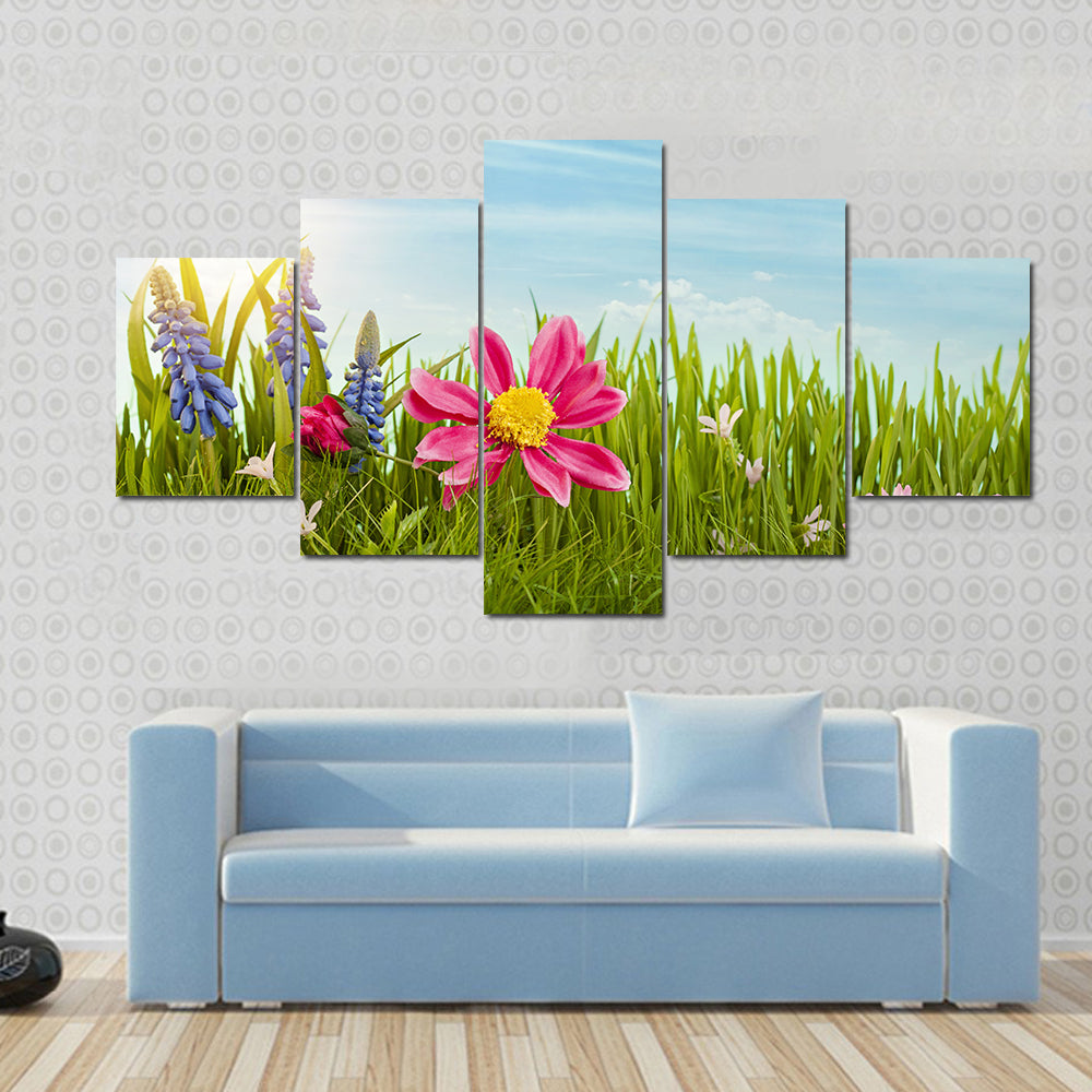Spring Flowers Under Blue Sky Canvas Wall Art