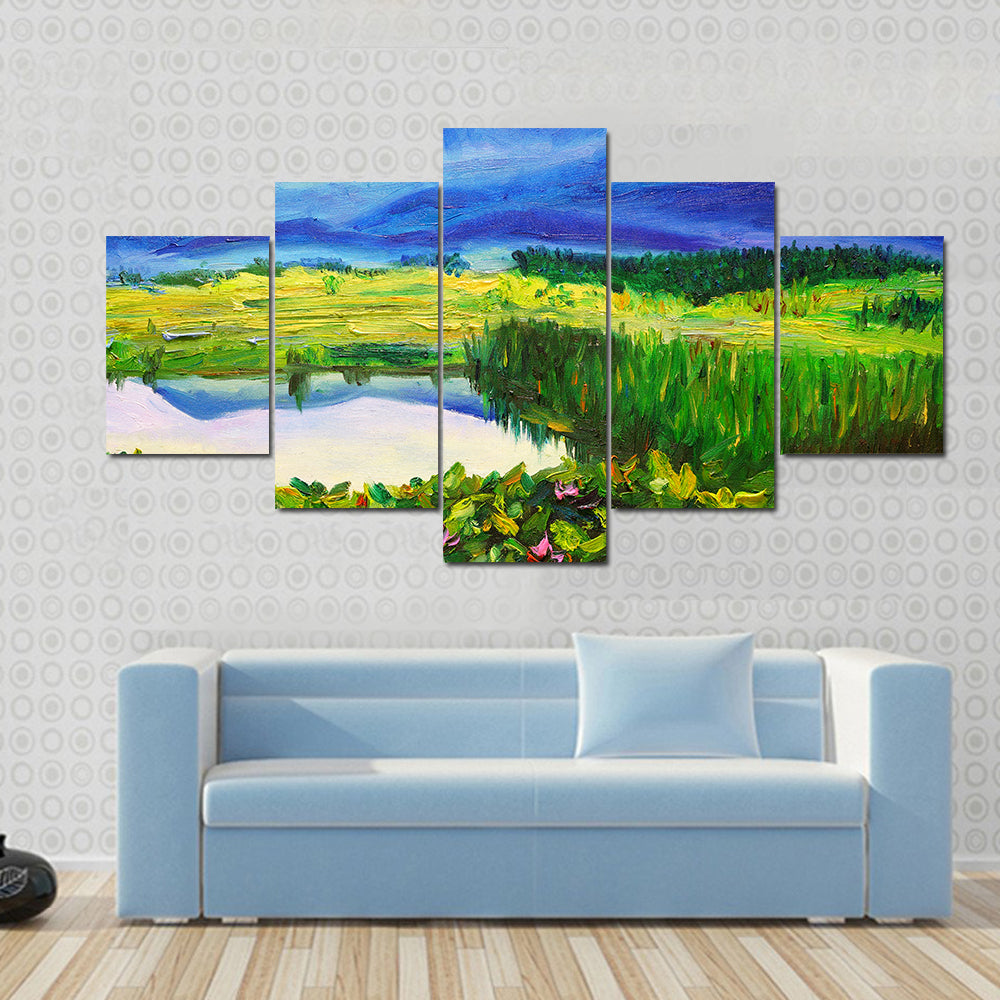Summer Mountain Lake with Lotus Canvas Wall Art