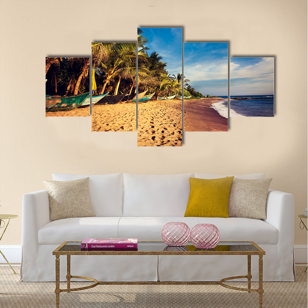 Boats On A Tropical Beach In Mirissa South Sri Lanka Canvas Wall Art
