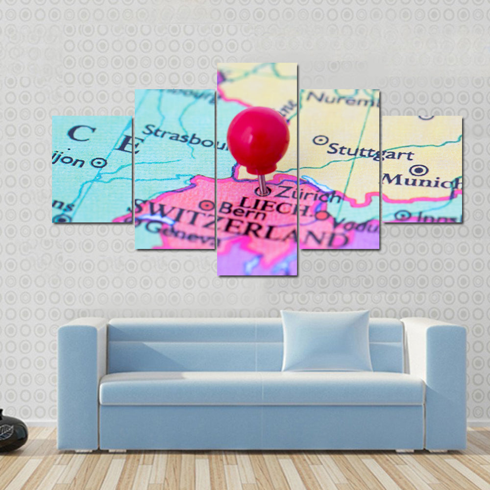 Red Pushpin on Map of Switzerland Canvas Wall Art