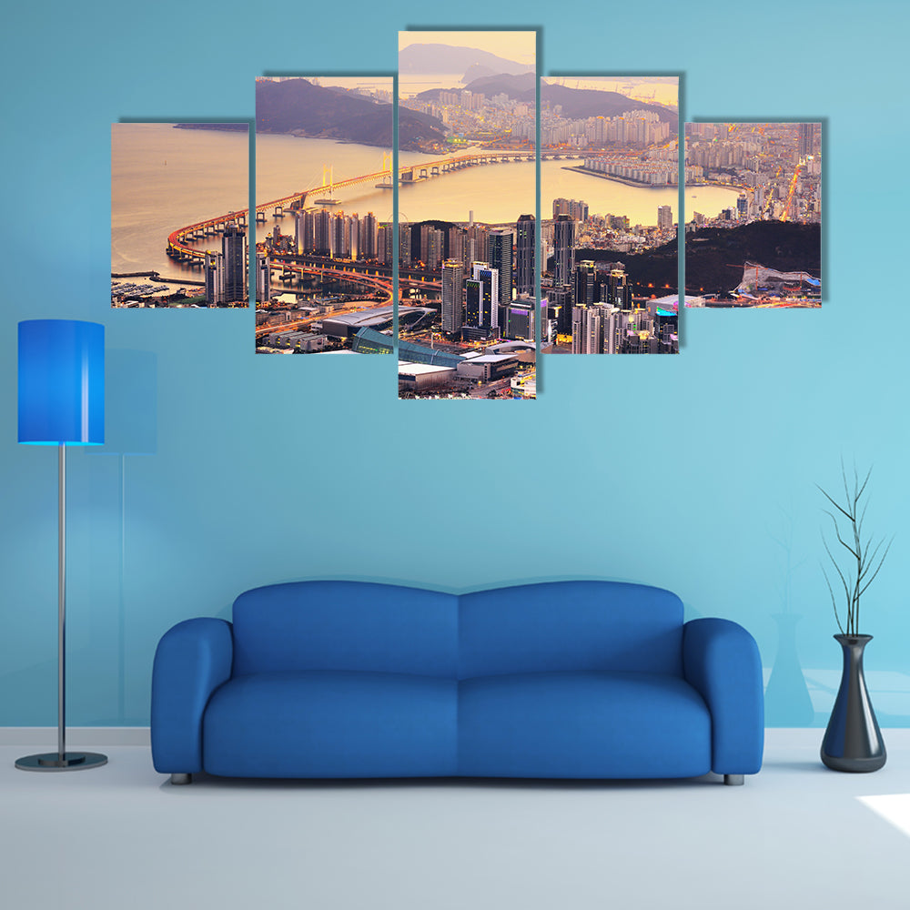 Coastal City Skyline at Golden Dusk Canvas Wall Art