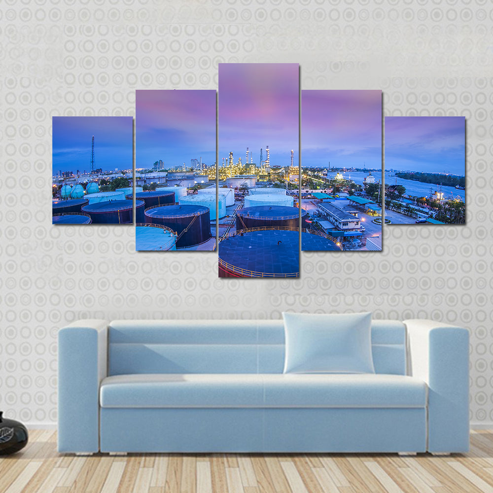 Twilight Oil Refinery with Storage Tanks Canvas Wall Art