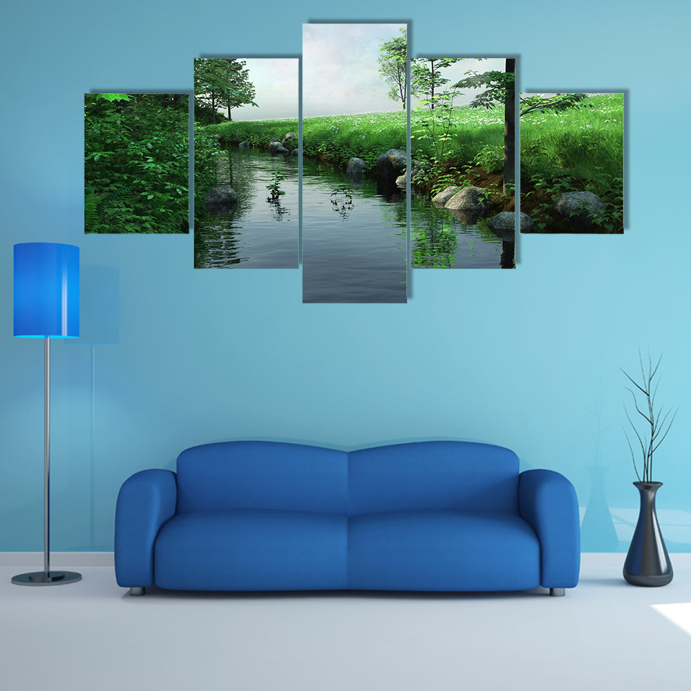 Green Meadow by a Winding Stream Canvas Wall Art
