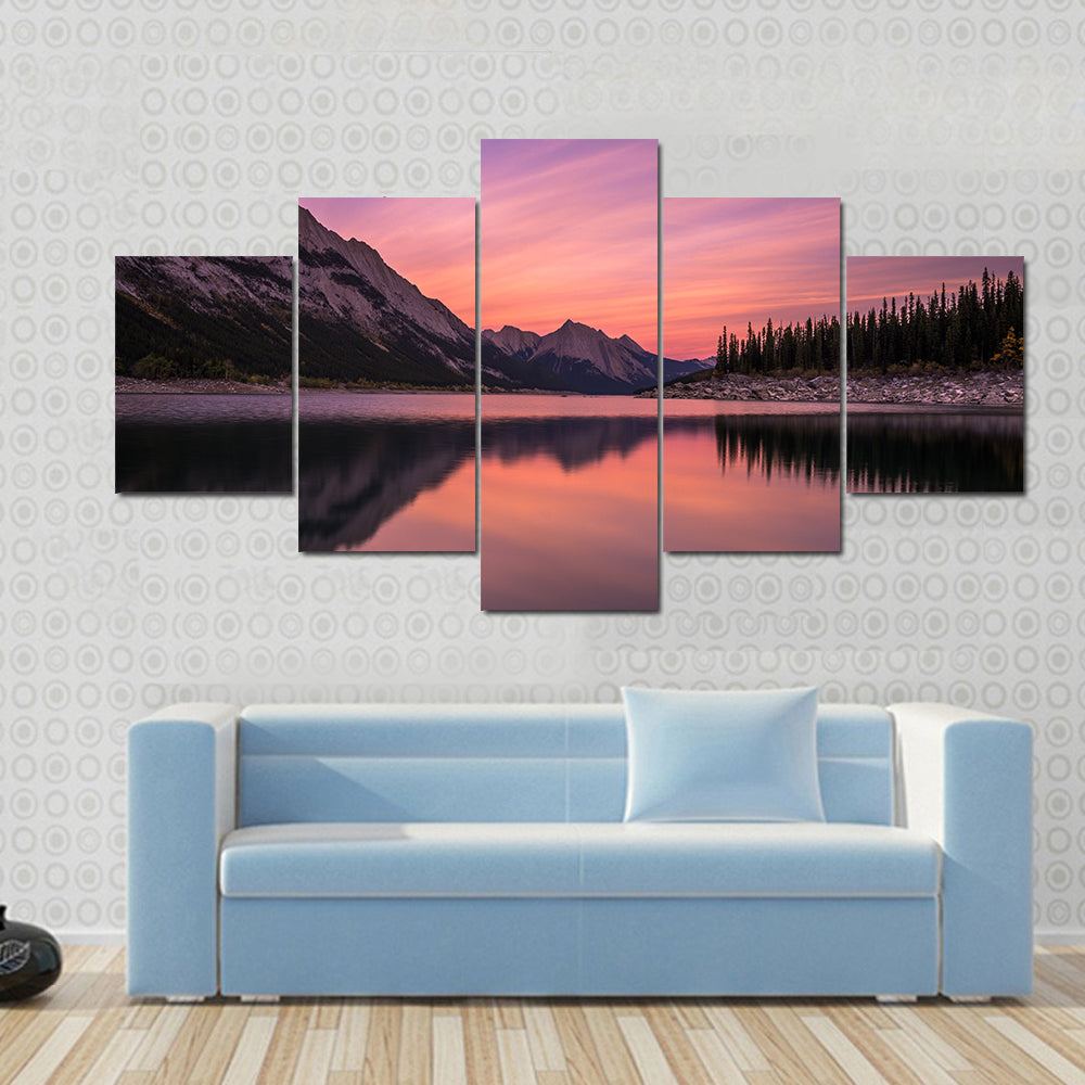 Medicine Lake At Sunset In Canadian Rockies Canvas Wall Art