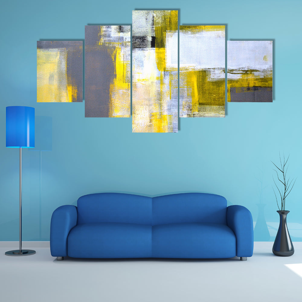 Layered Geometric Abstract with Yellow Bars Canvas Wall Art