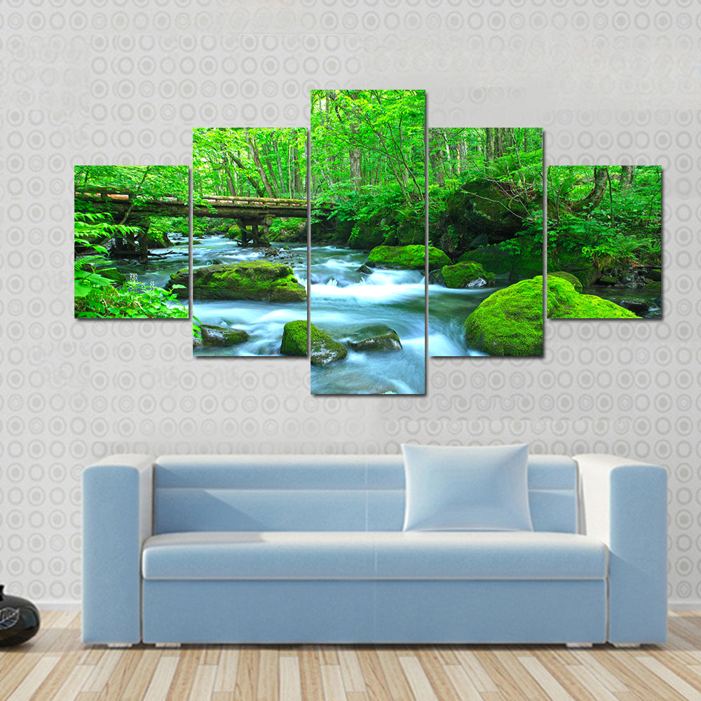 Stream In Spring Forest Canvas Wall Art in white, brown and green, framed print, product view on a white background