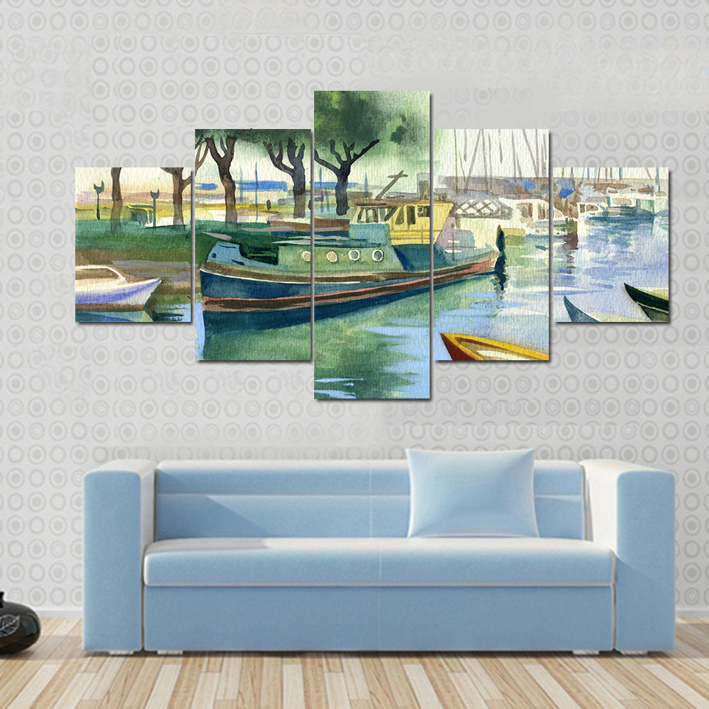 Watercolor Boats Canal Canvas Wall Art