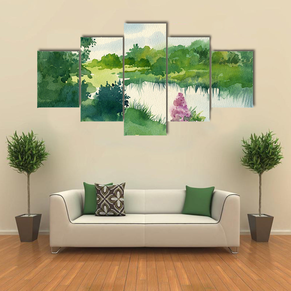Watercolor River Landscape with Wildflowers Canvas Wall Art