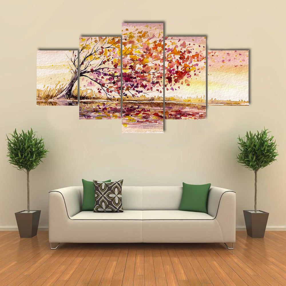 Wind-swept Autumn Tree by the Lake Canvas Wall Art
