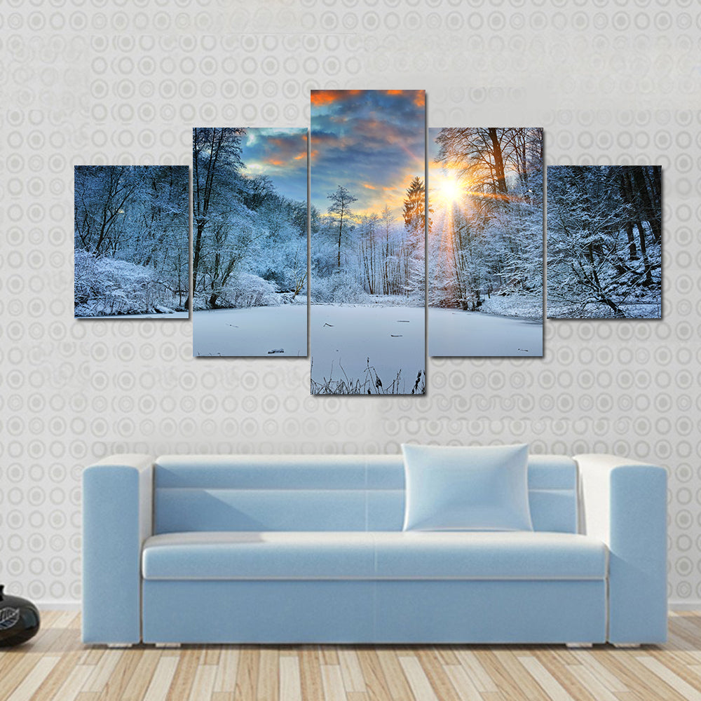 Spectacular Sunset Over Winter Forest Lake Canvas Wall Art