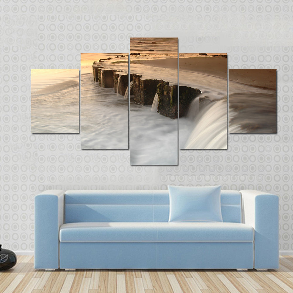 Waterfall By The Sea At Sunset Canvas Wall Art