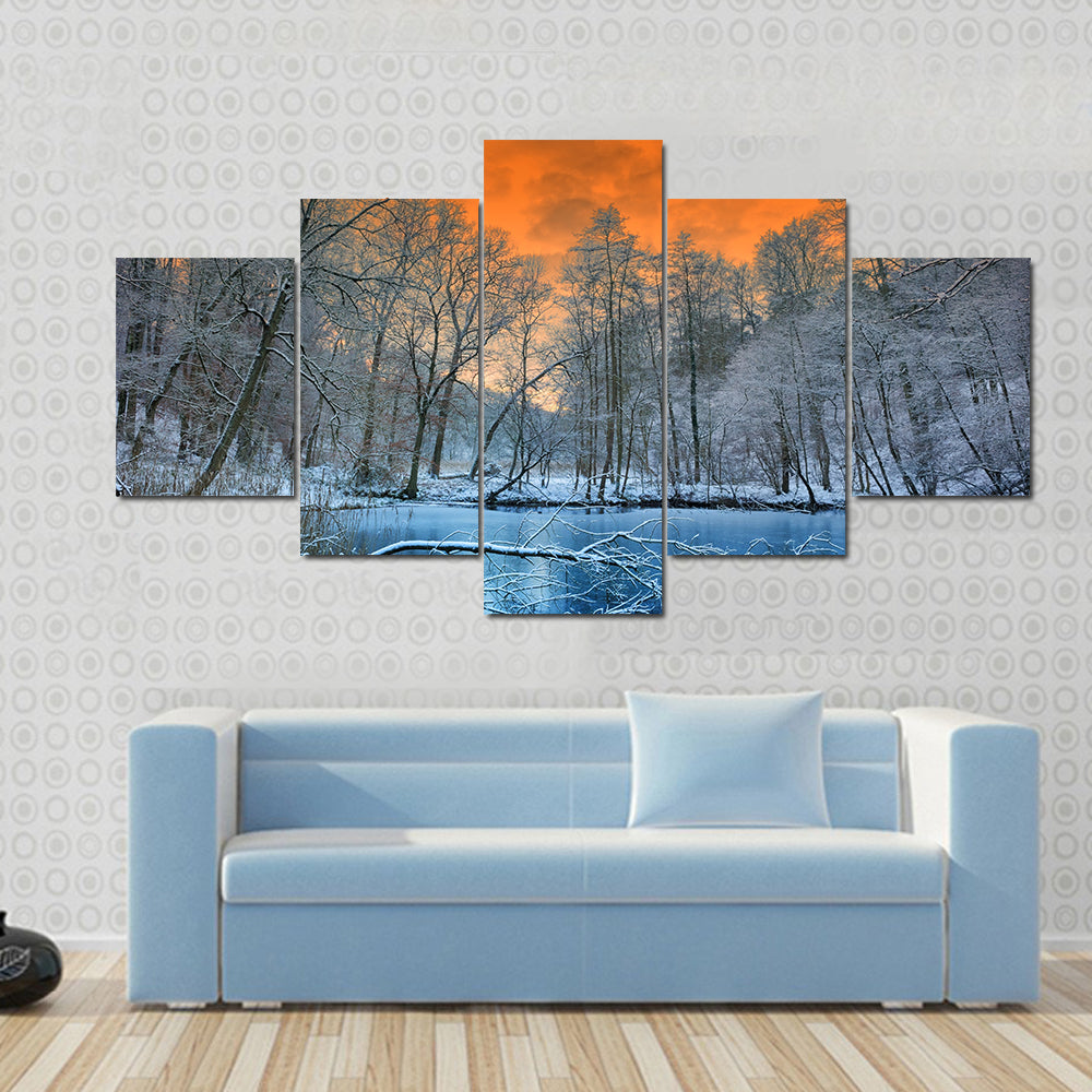 Orange Sunset Over White Winter Forest Canvas Wall Art