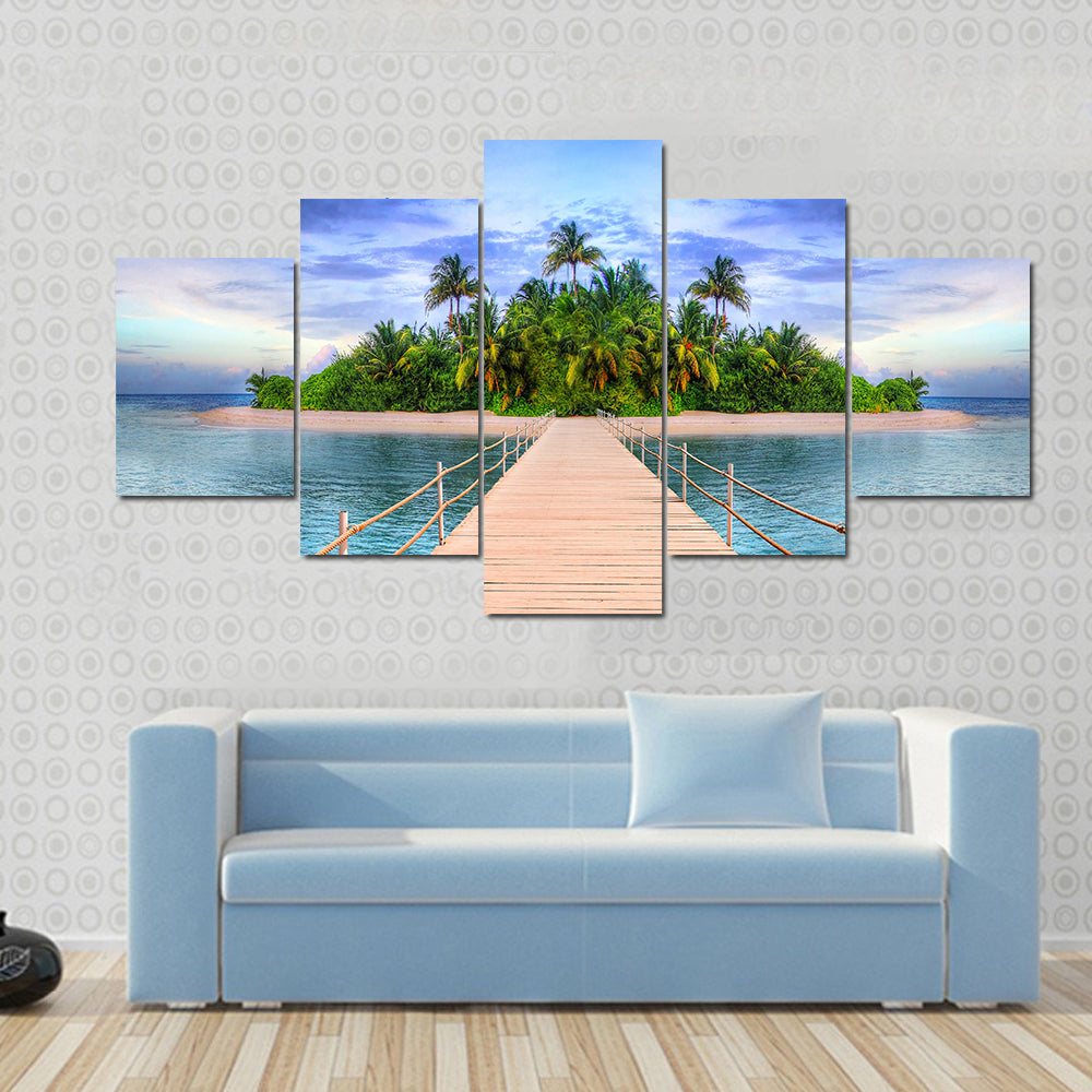 Wooden Pier to Tropical Maldives Island Canvas Wall Art